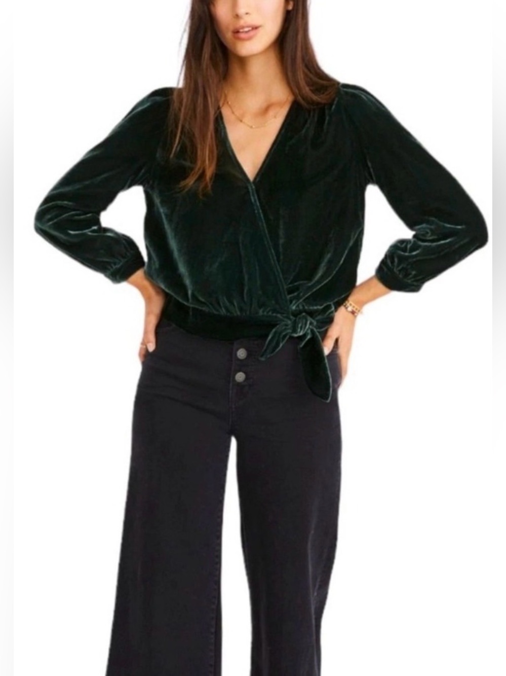 Madewell - Green Velvet Wrap Long Sleeve V Neck Classic Blouse Size Small